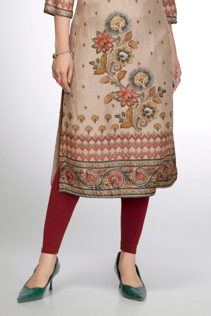 Beige Printed Floral Kurta with Embroidered Neckline