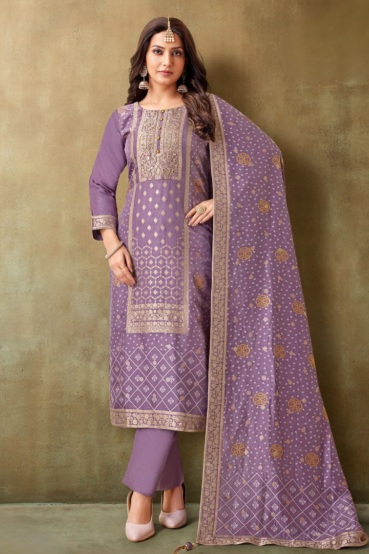 Lavender Banaras, Beads, Mirror and Sequins work Straight Cut Salwar Suit