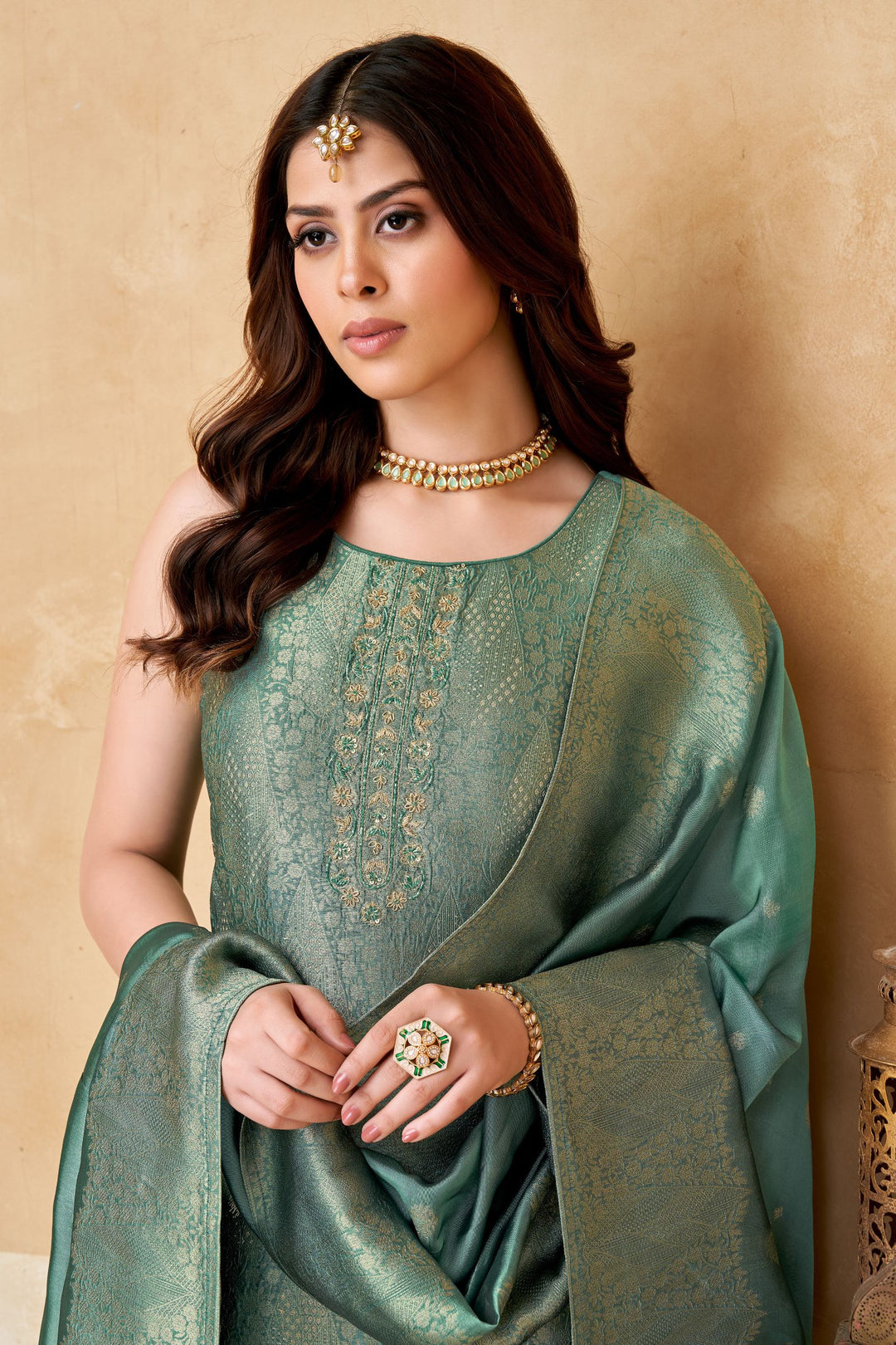 Sea Green Brocade, Zardozi, Beads and Sequins work Straight Cut Salwar Suit