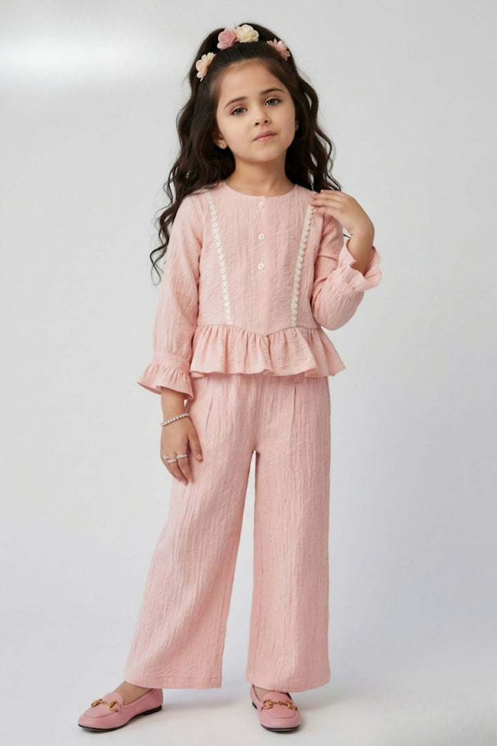 Peach Lace work Top and Palazzo Set for Girls