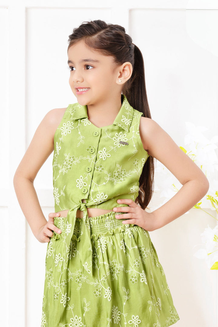 Pista Green Embroidery work Top and Divider Skirt for Girls