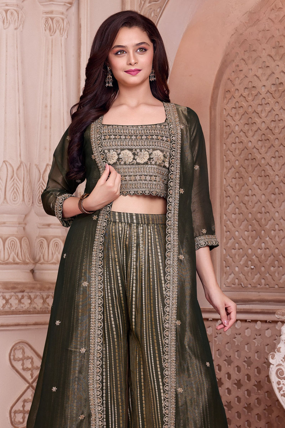 Green Embroidery, Beads and Zari work Overcoat Styled Palazzo Set For Girls