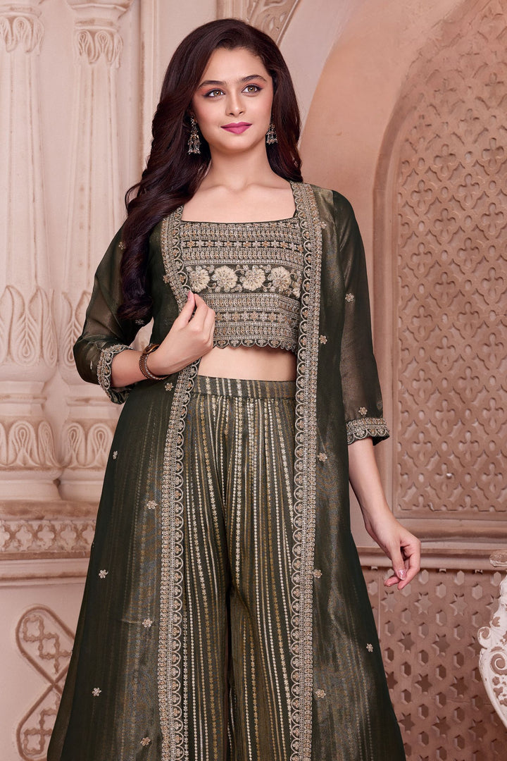 Green Embroidery, Beads and Zari work Overcoat Styled Palazzo Set For Girls