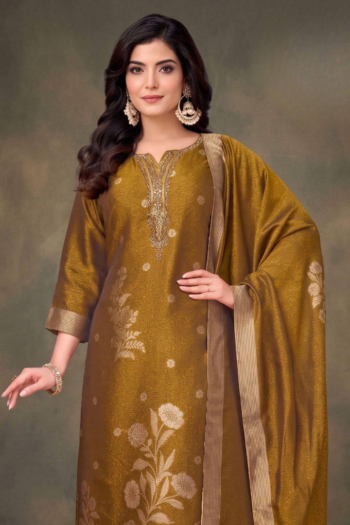 Mustard Brocade, Mirror, Beads and Sequins work Straight Cut Salwar Suit