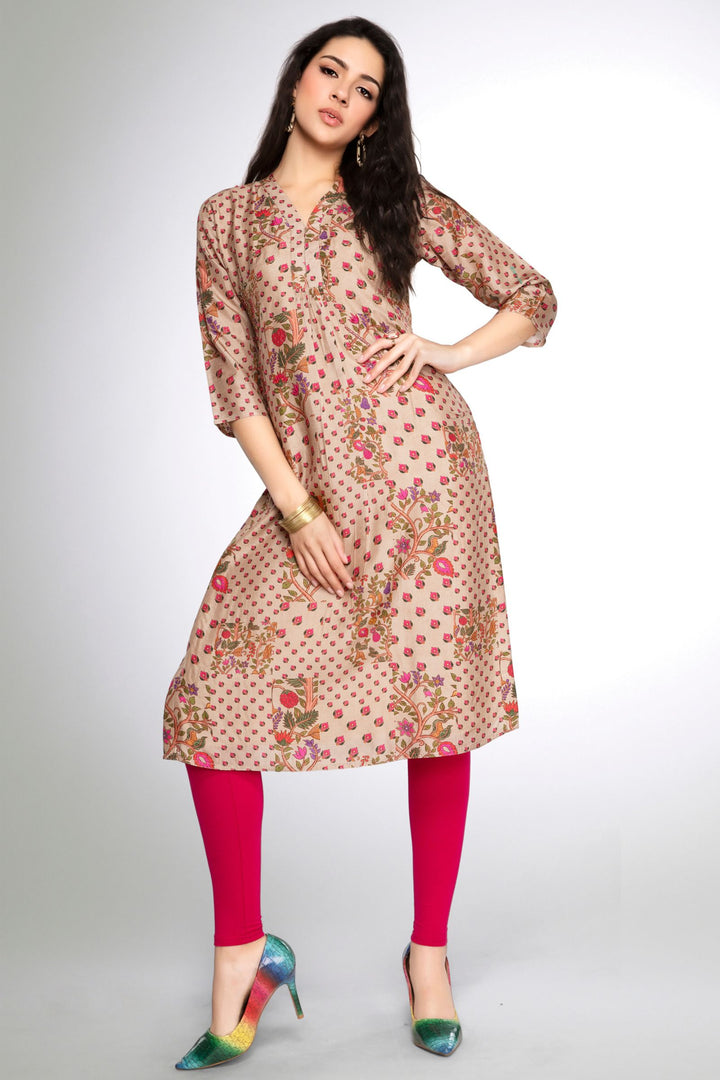 Fawn Beads work with Digital Print Calf Length Kurti