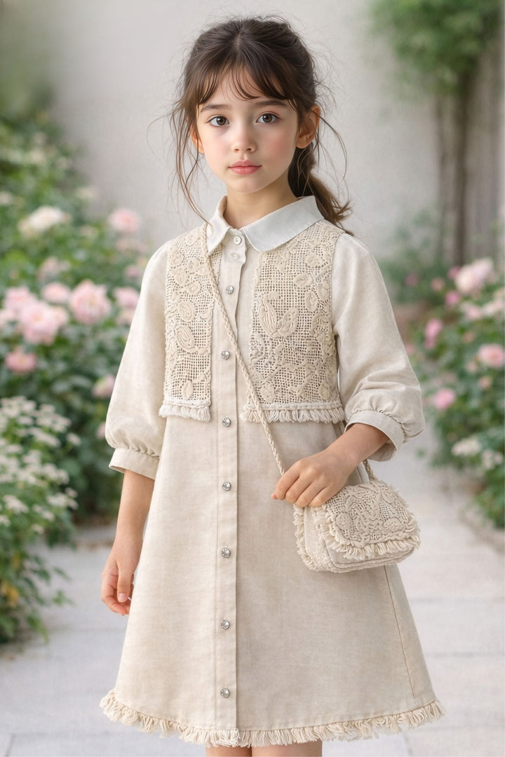 Half White Thread and Sequins work Short Frock For Girls
