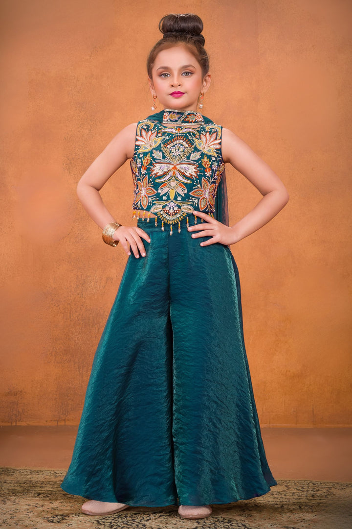 Peacock Blue Pearl, Sequins, Beads and Multicolor Embroidery work Palazzo Suit Set for Girls