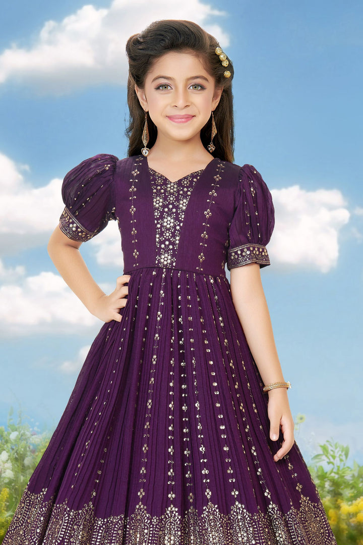 Purple Glitter work Long Party Gown for Girls