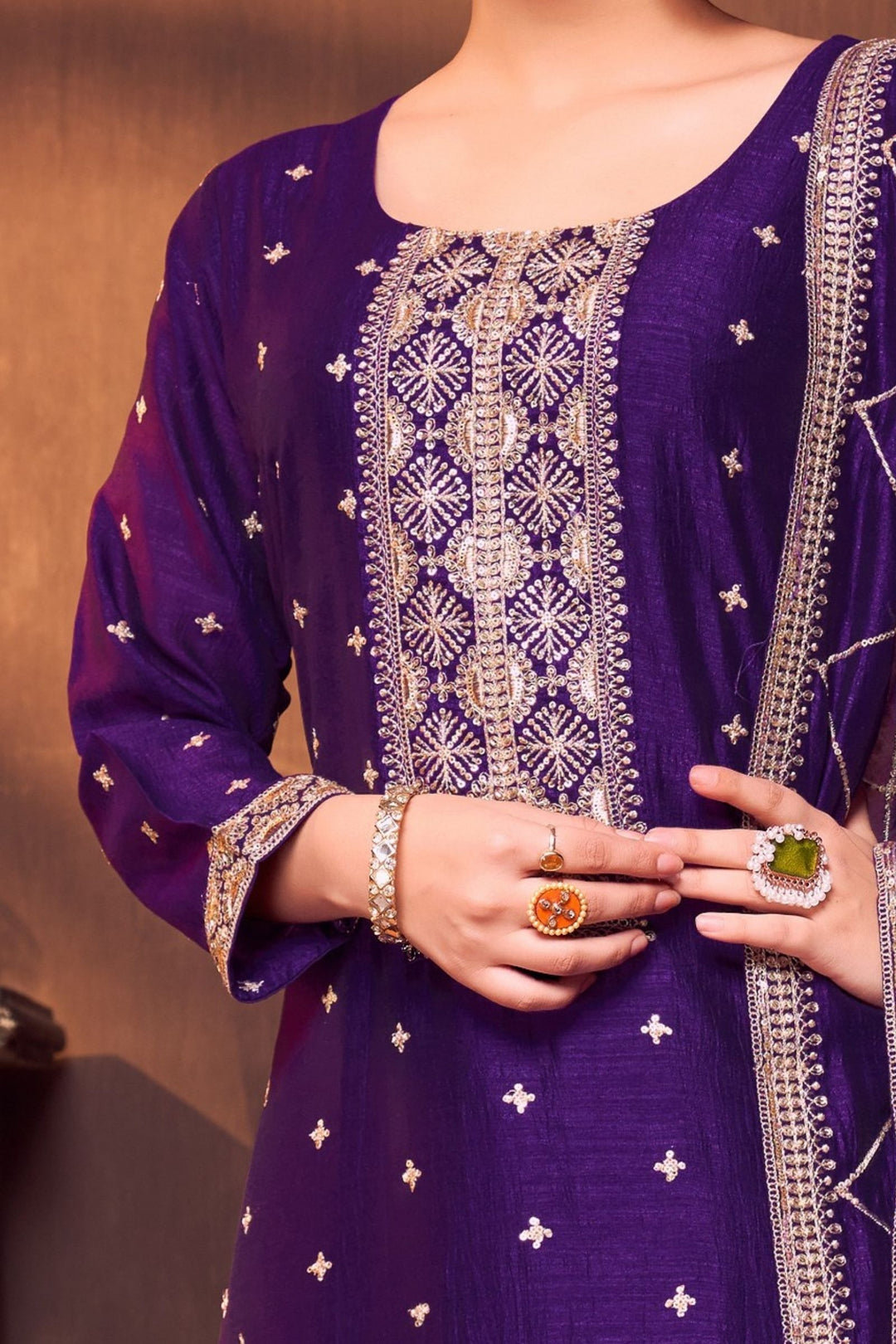 Purple Sequins, Zari and Beads work Straight Cut Salwar Suit