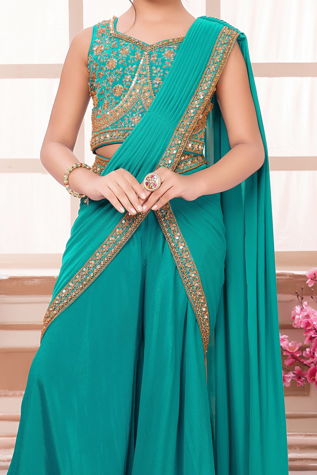 Rama Blue Sequins, Beads and Zari work Indo-Western Styled Crop Top Palazzo Set for Girls