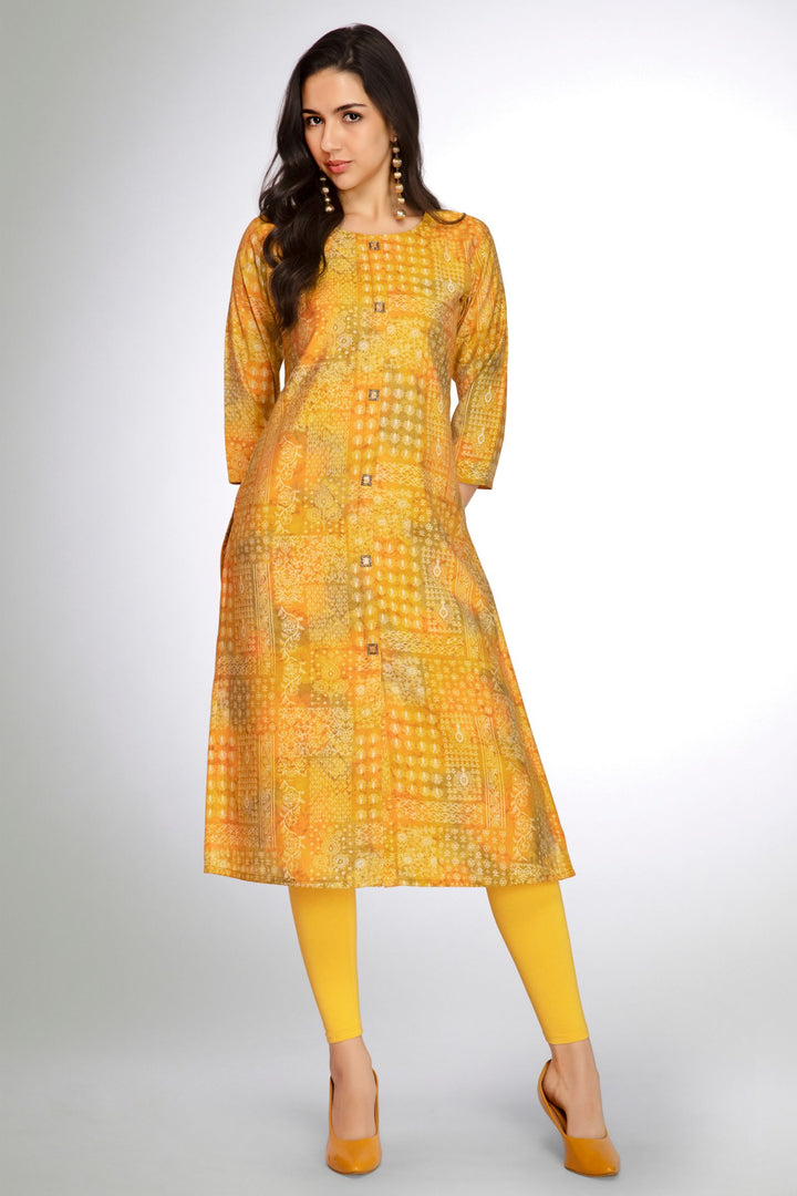 Yellow Digital Print A-line Cut Calf Length Kurti