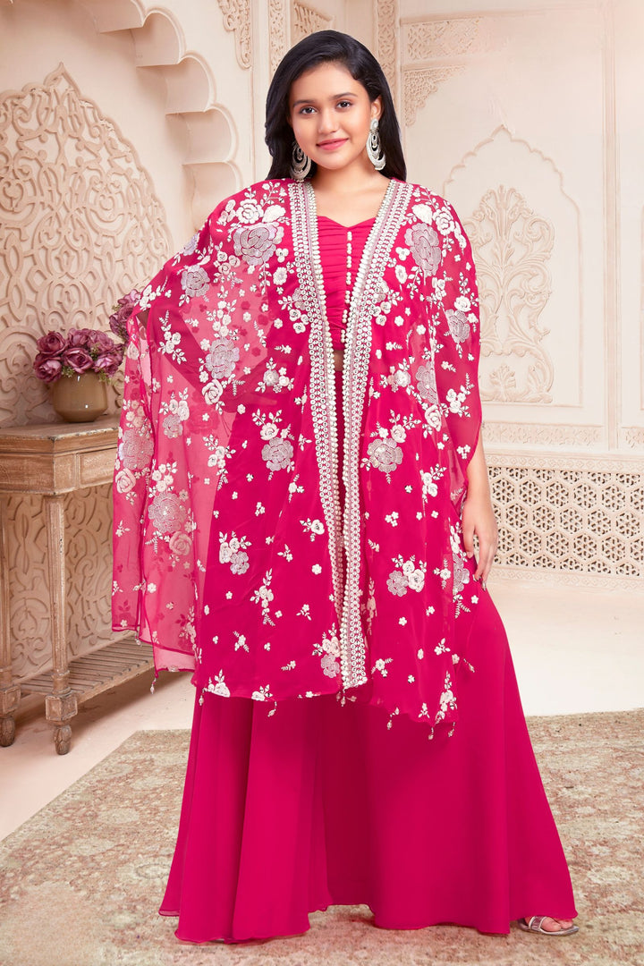 Rani Pink Embroidery and Sequins work Shrug with Palazzo Set for Girls