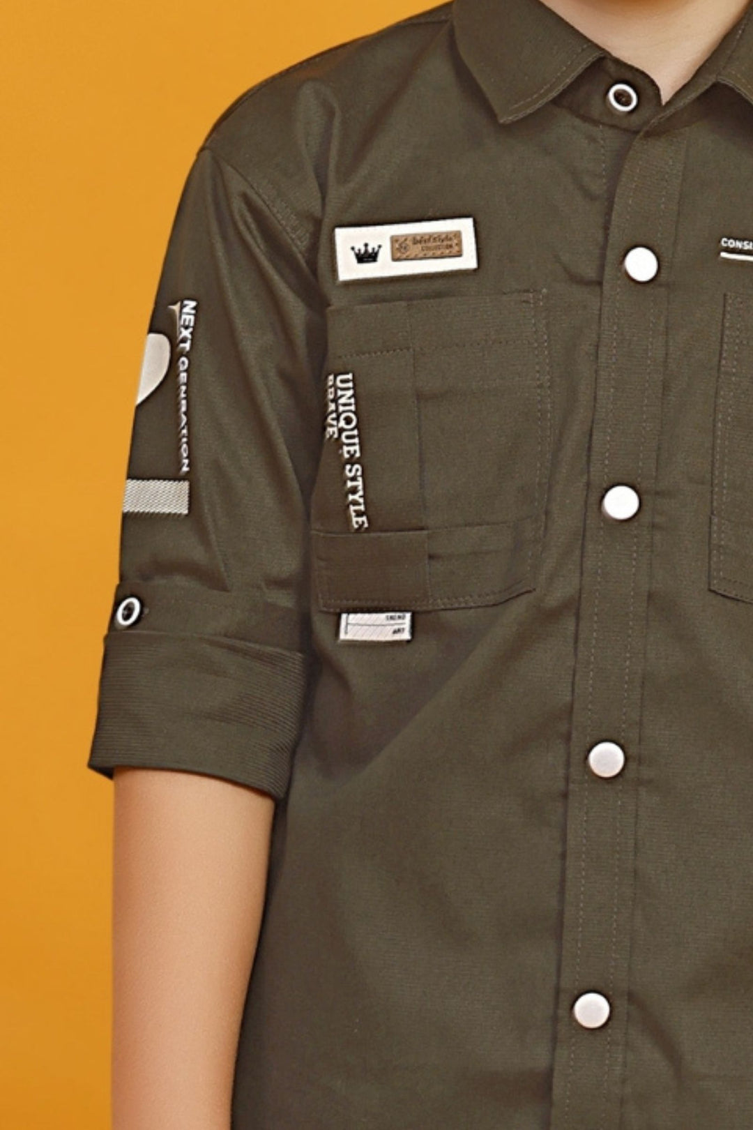 Dark Green Printed Shirt and Cream Pant Set for Boys