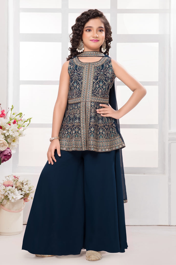 Peacock Blue Sequins, Stone and Multicolor Thread work Palazzo Suit Set for Girls