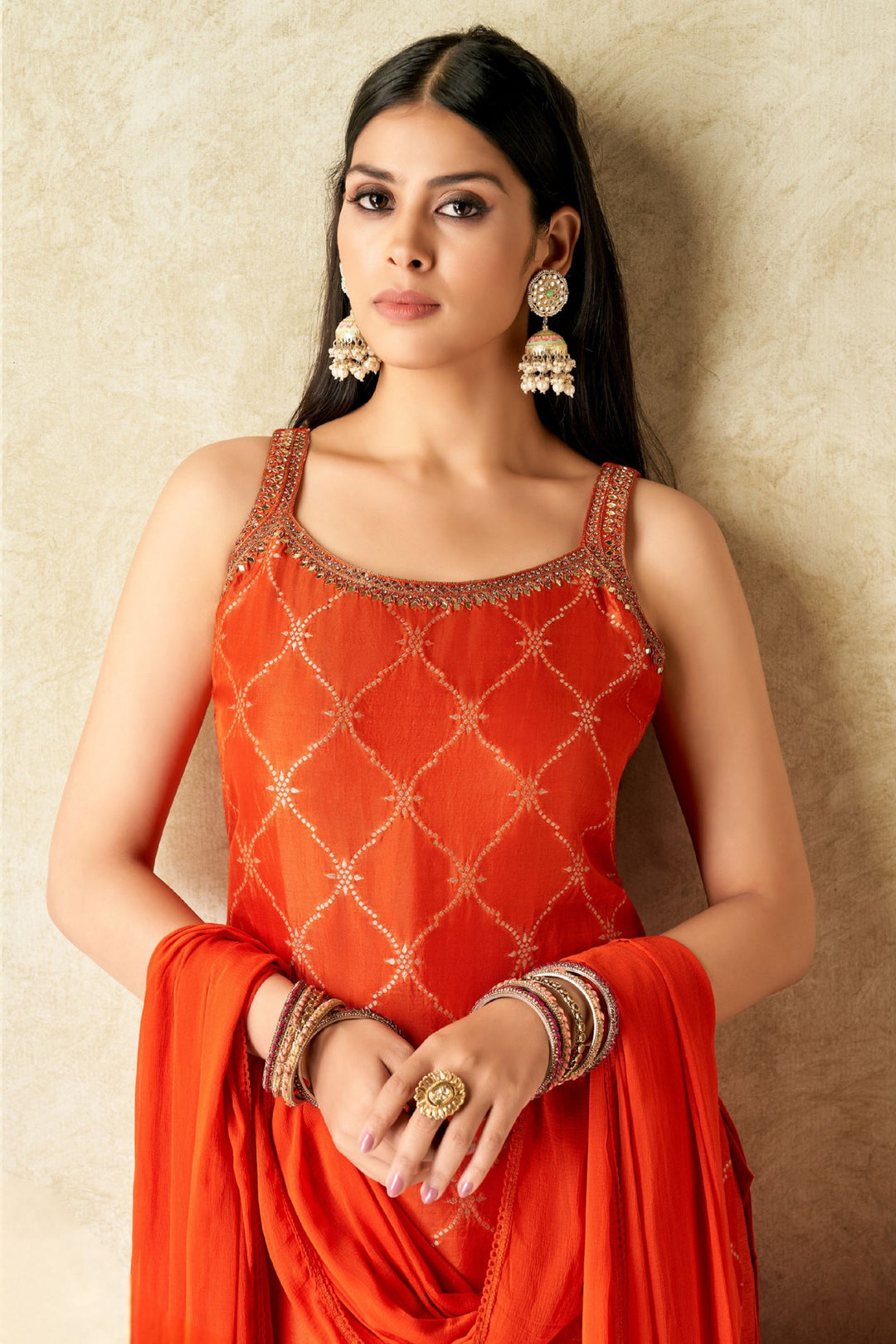Orange Mirror, Zari, Zardozi and Banaras work Straight Cut Salwar Suit