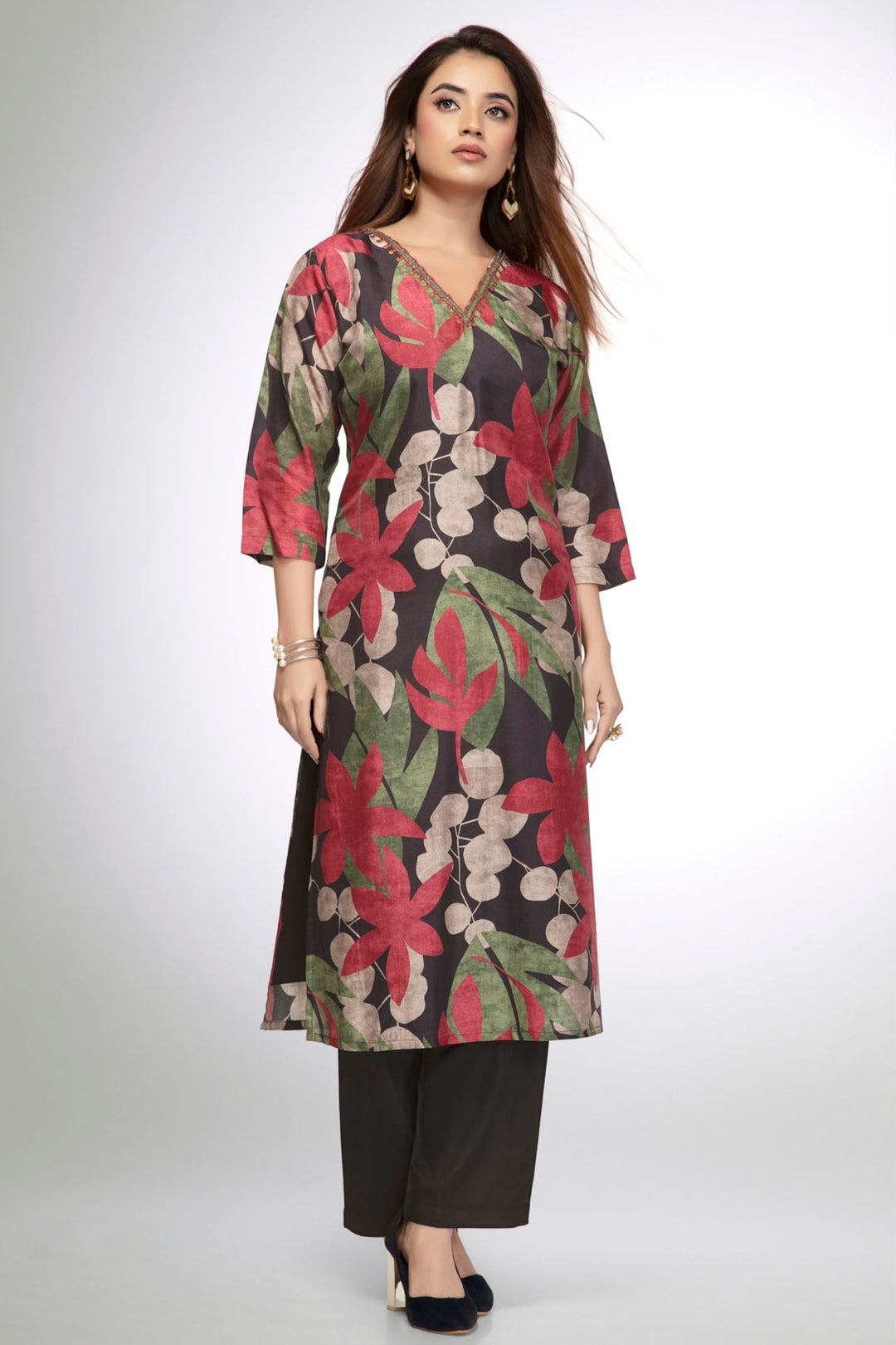 Black Floral Print V-Neck Straight Kurta Set