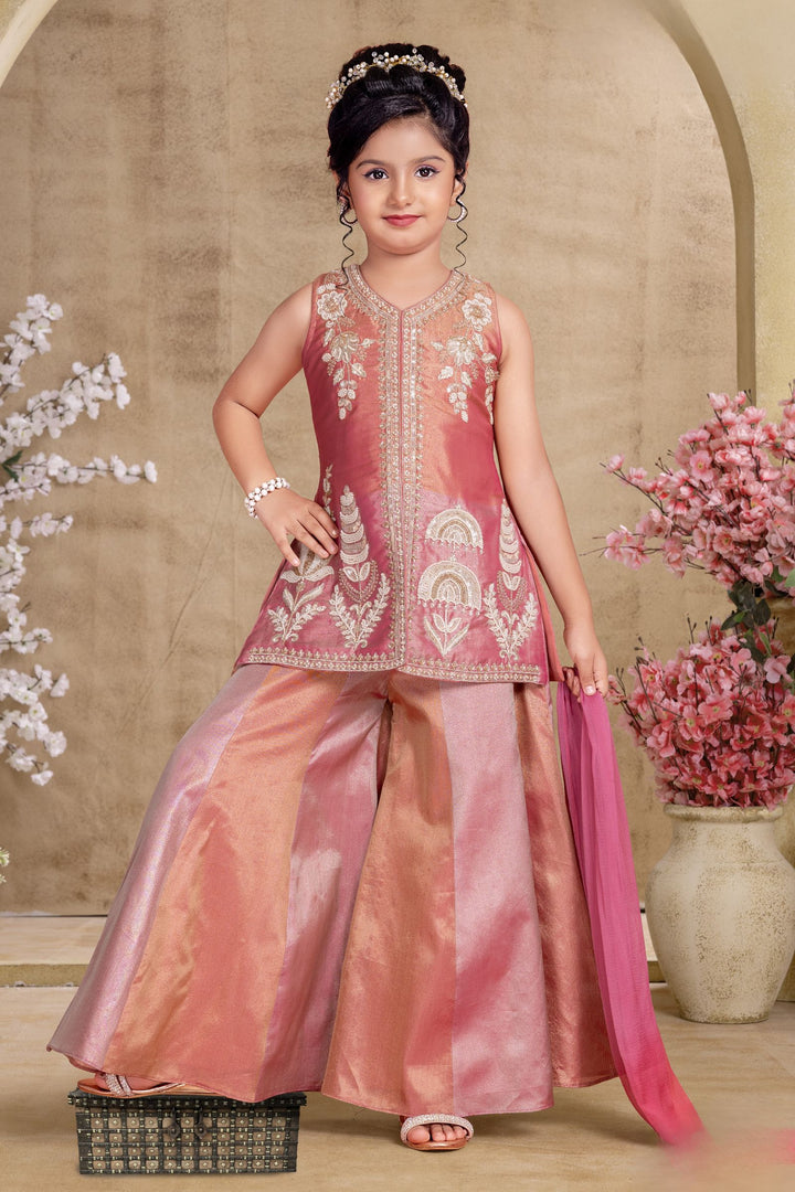 Pink with Peach Beads, Sequins and Zari work Palazzo Suit Set for Girls