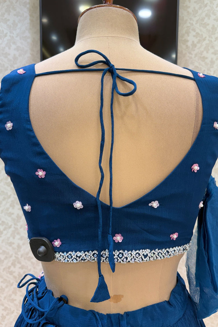 Teal Blue Sequins, Stone and Pearl work Indo-Western Styled Crop Top Lehenga  with Overcoat