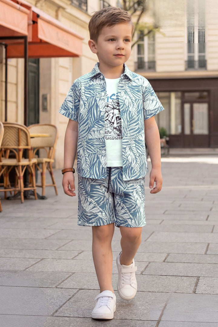 White with Blue Tropical Print Boys Co-Ord Set