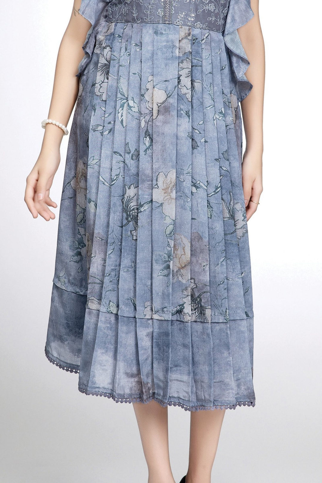 Girls Floral Print Casual Frock with Embroidered Yoke
