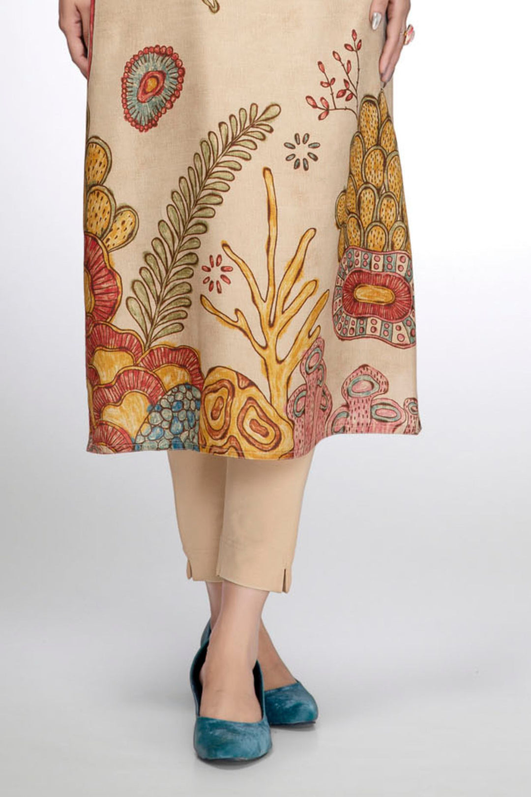 Sandal Botanical Print Straight Kurta Set with Multicolor Artistic Motifs