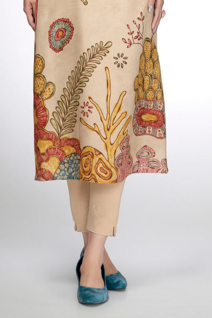 Sandal Botanical Print Straight Kurta Set with Multicolor Artistic Motifs