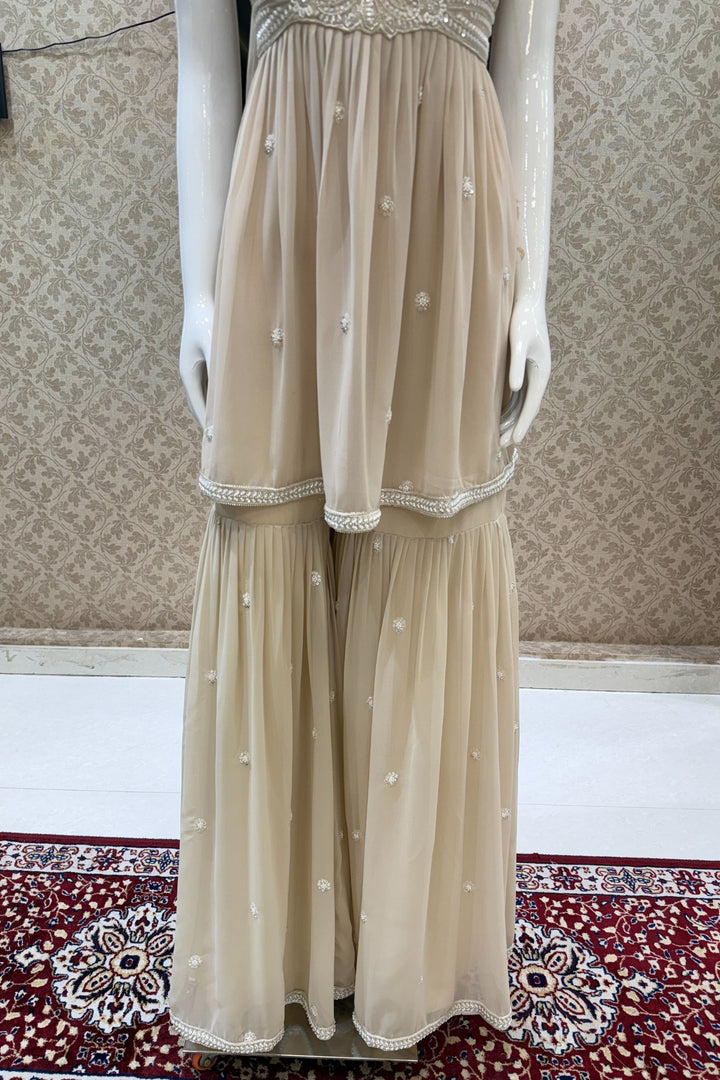 Beige Beads, Sequins and Thread work Peplum Top with Sharara Suit Set