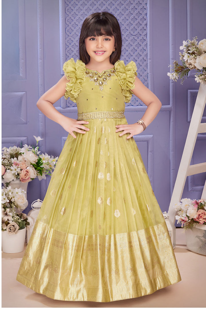 Lemon Yellow Zari, Sequins and Mirror work Long Party Gown for Girls with Belt