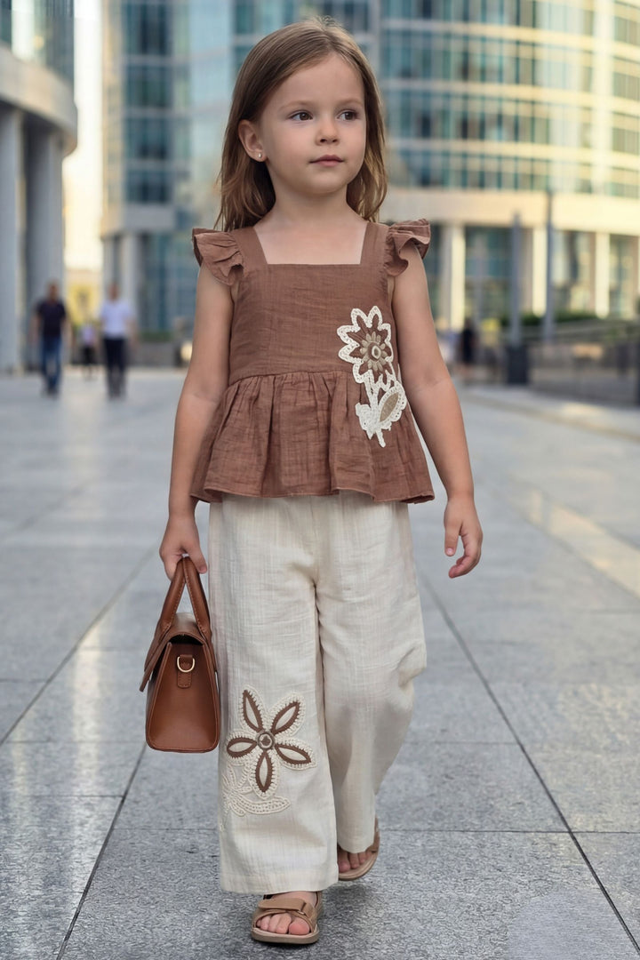 Brown with Cream Thread work Top and Palazzo Set for Girls