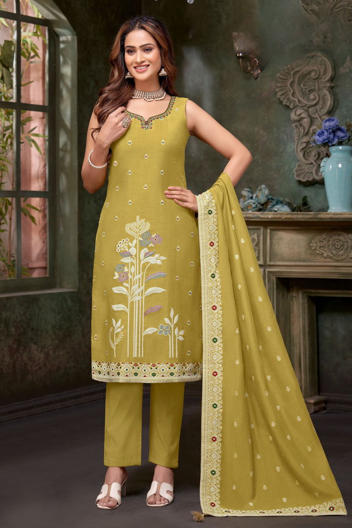 Olive Green Multicolor Embroidery, Zardozi and Stone work Straight Cut Salwar Suit