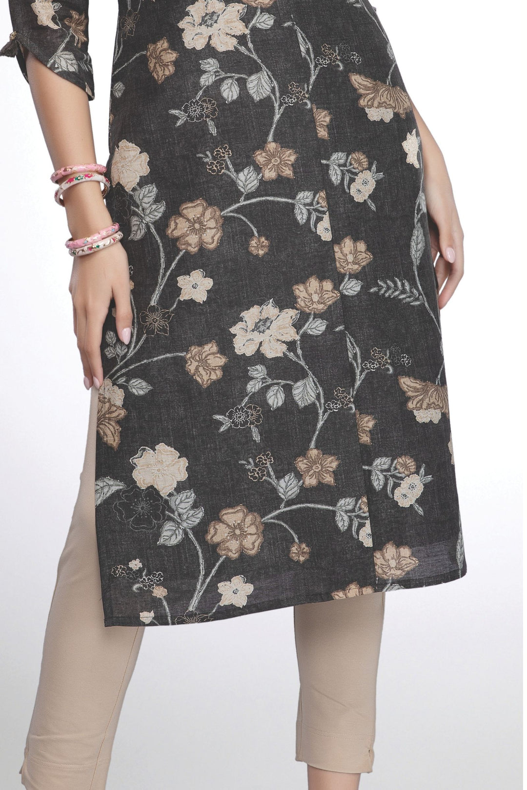 Black with Floral Print and Stone work Calf Length Kurti