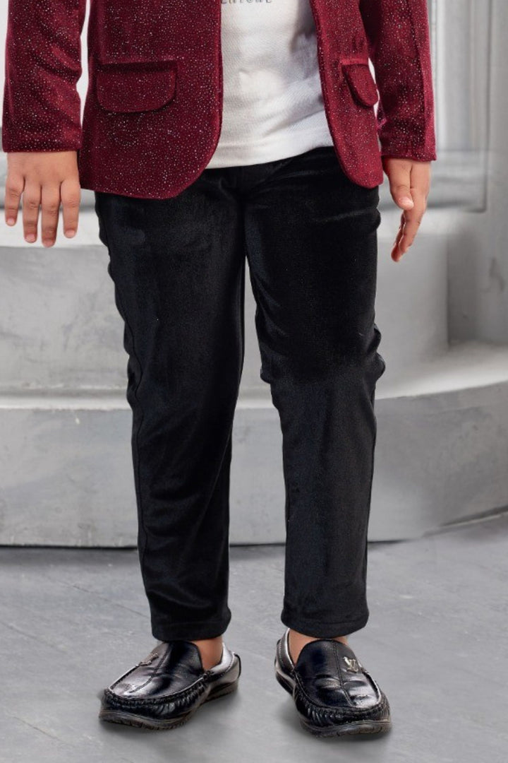 Maroon Boys Partywear Blazer Set with White T-Shirt and Black Pants
