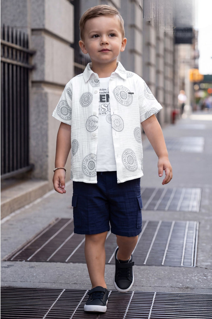 White with Navy Blue Printed Boys Co-Ord Set