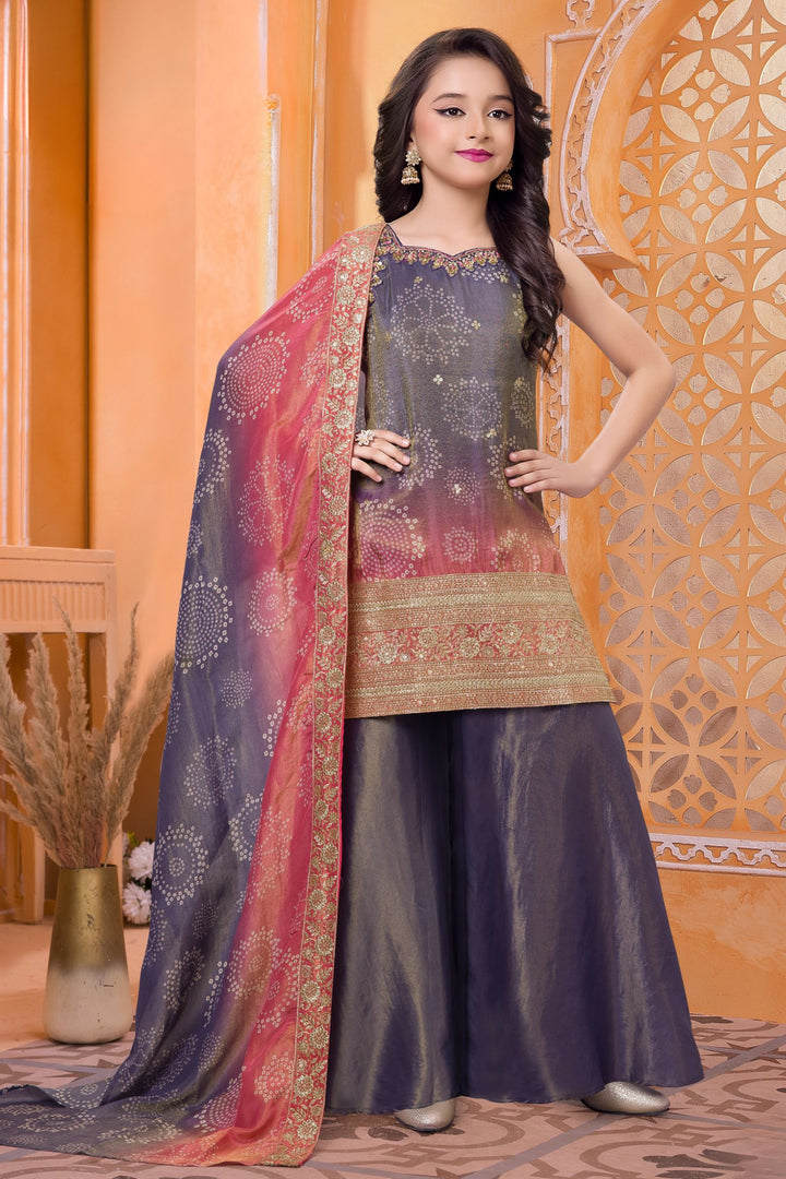Blue with Pink Sequins and Banaras Zari work with Bandini Print  Palazzo Suit Set for Girls