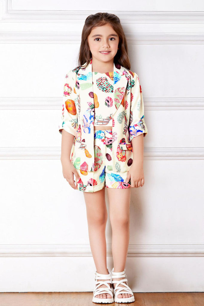 Multicolor Floral Print Overcoat Styled Co-ord Set for Girls