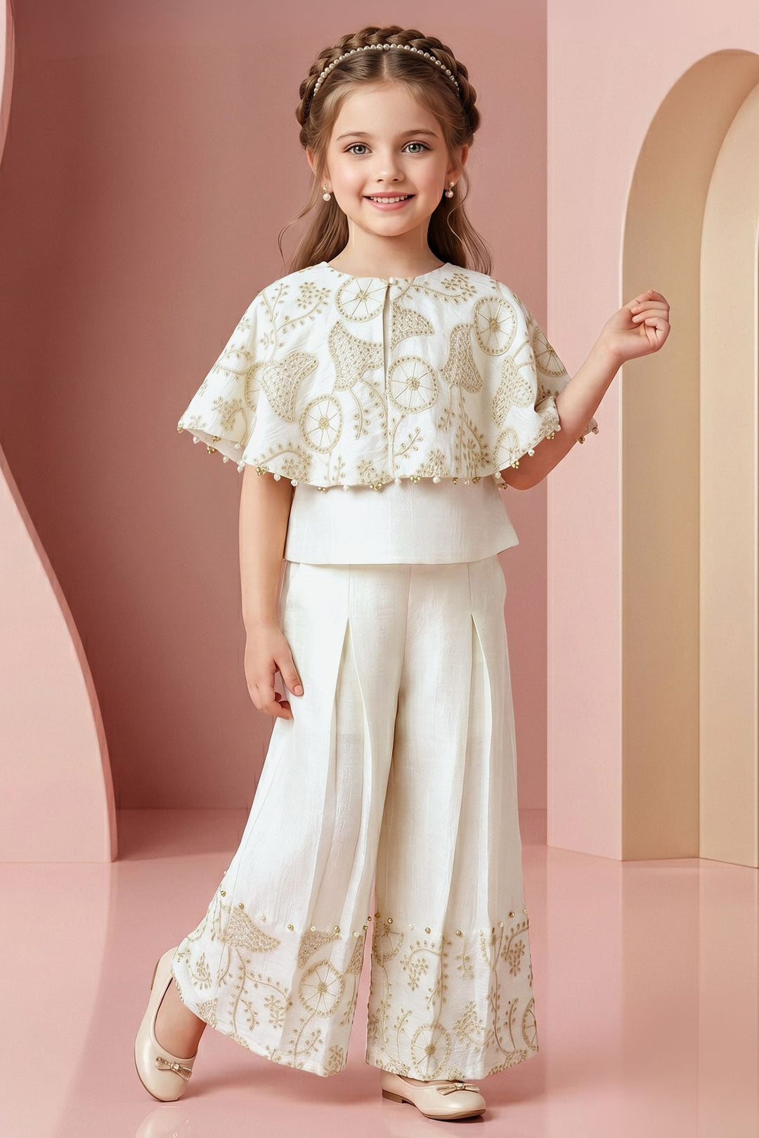 Half White Sequins and Thread work Poncho Styled Palazzo Set for Girls