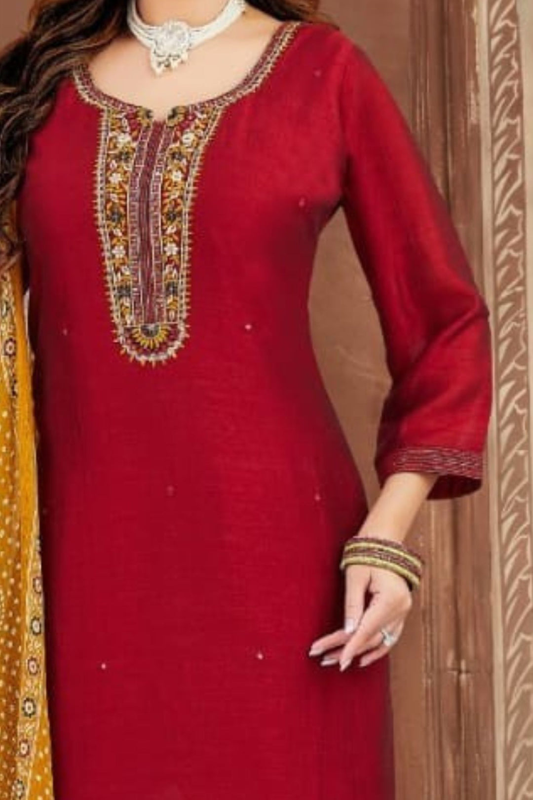 Maroon Mirror, Zari and Thread work Straight Cut Salwar Suit