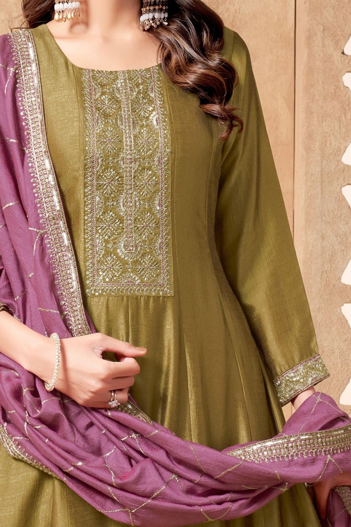 Mehendi Green Sequins, Beads and Zari work Anarkali Style Salwar