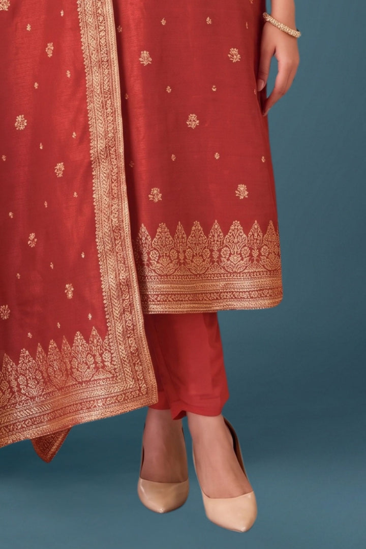 Rust Orange Banaras, Beads, Mirror, Stone and Sequins work Straight Cut Salwar Suit
