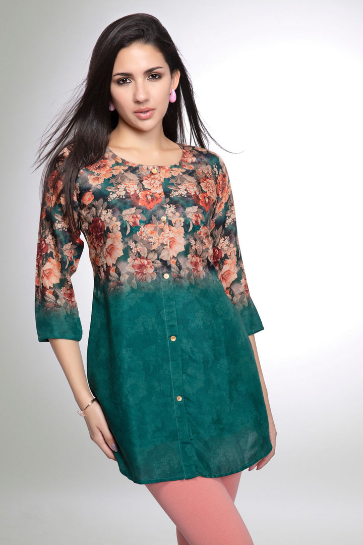 Green Floral Print Short Kurti