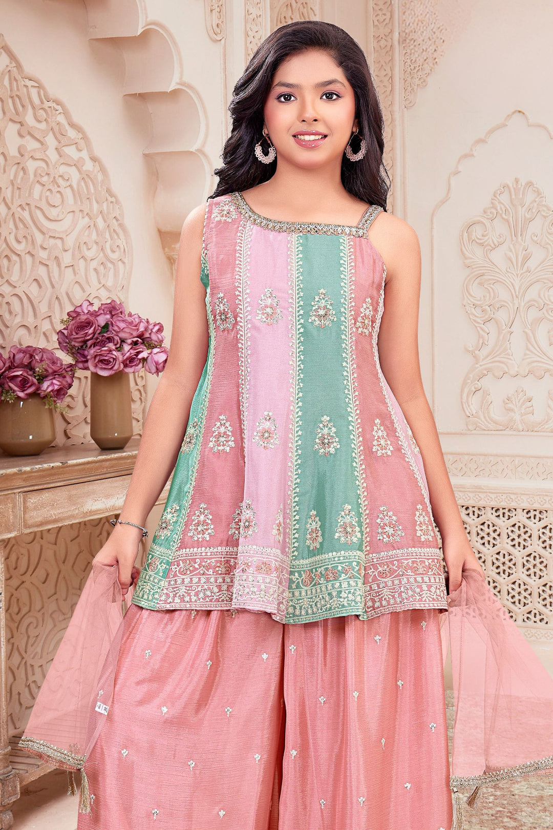 Multicolor Mirror, Beads, Stone, Thread and Sequins work Palazzo Suit Set for Girls