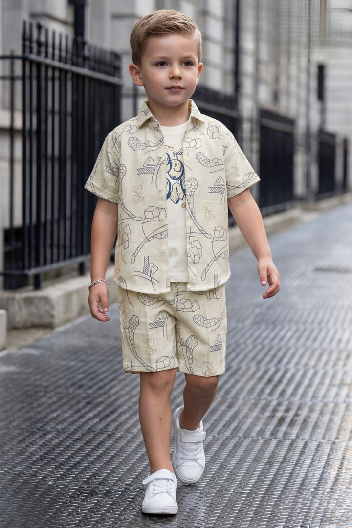 Beige with White Thread work Co-Ord Set for Boys