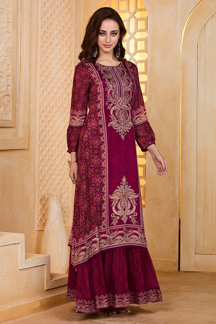Magenta Beads and Pearl work with Digital Print Floor Length Anarkali Suit