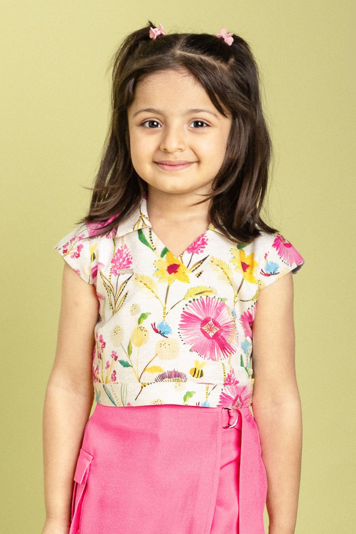 Cream with Pink Floral Print Top and Divider Skirt for Girls