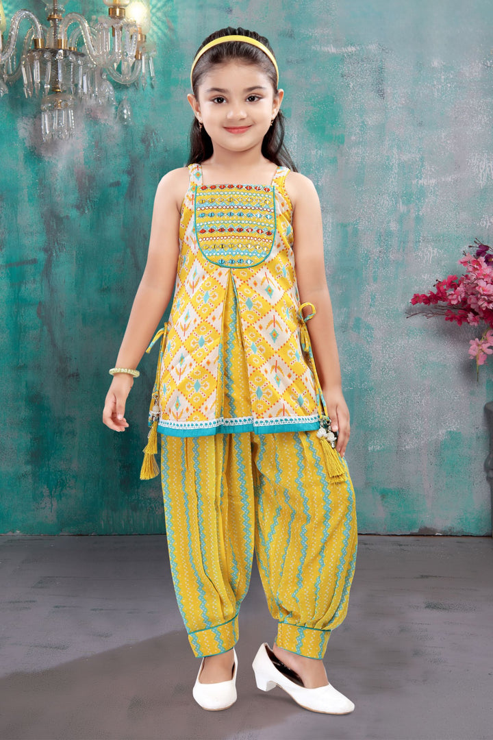 Yellow Mirror and Thread work with Multicolor Digital Print Top and Afghani Set for Girls