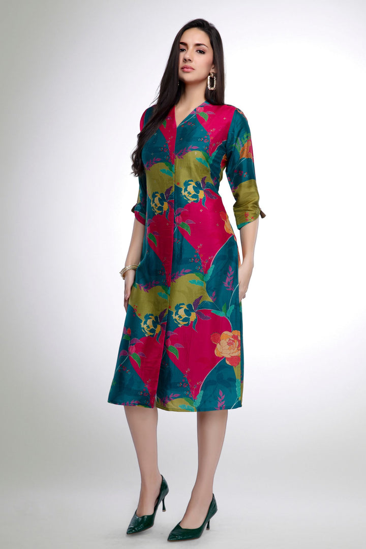 Multicolor Printed and Stone work Calf Length Kurti
