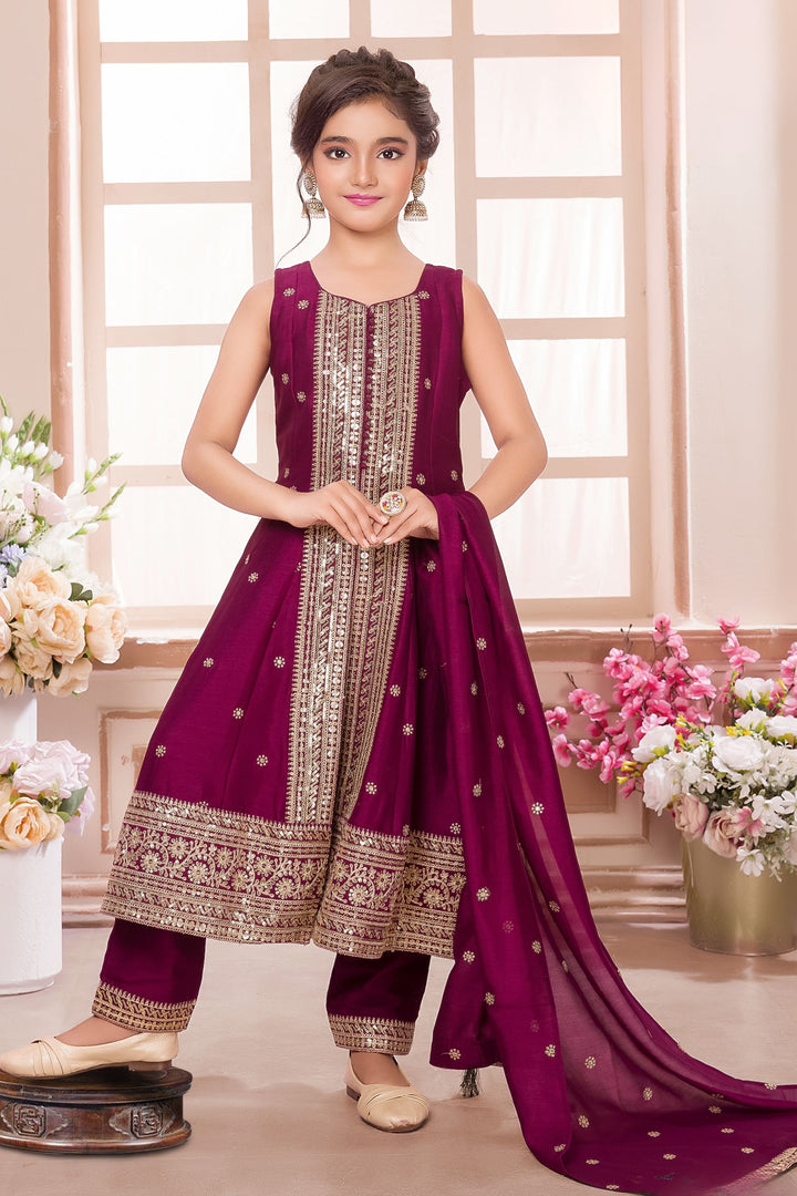 Wine Sequins and Zari work Salwar Suit for Girls