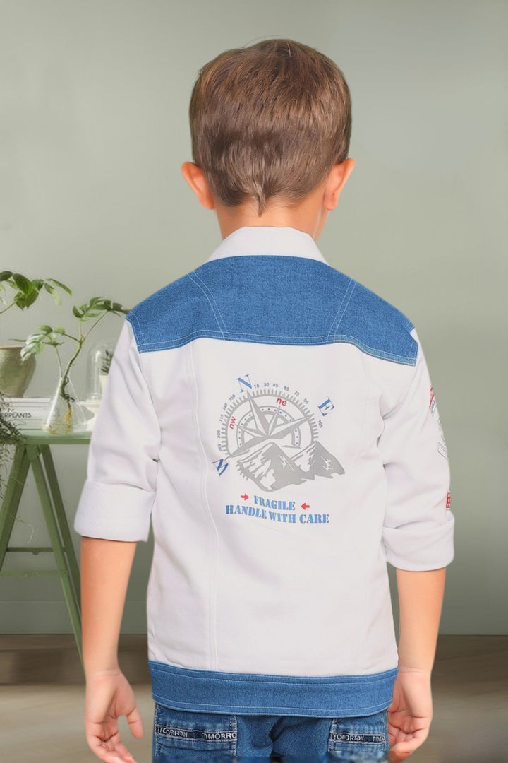 White with Blue Blazer, Printed T-Shirt and Pant Set for Boys