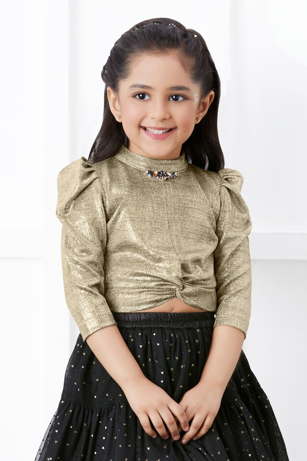 Gold and Black Printed Top with Divider Skirt for Girls