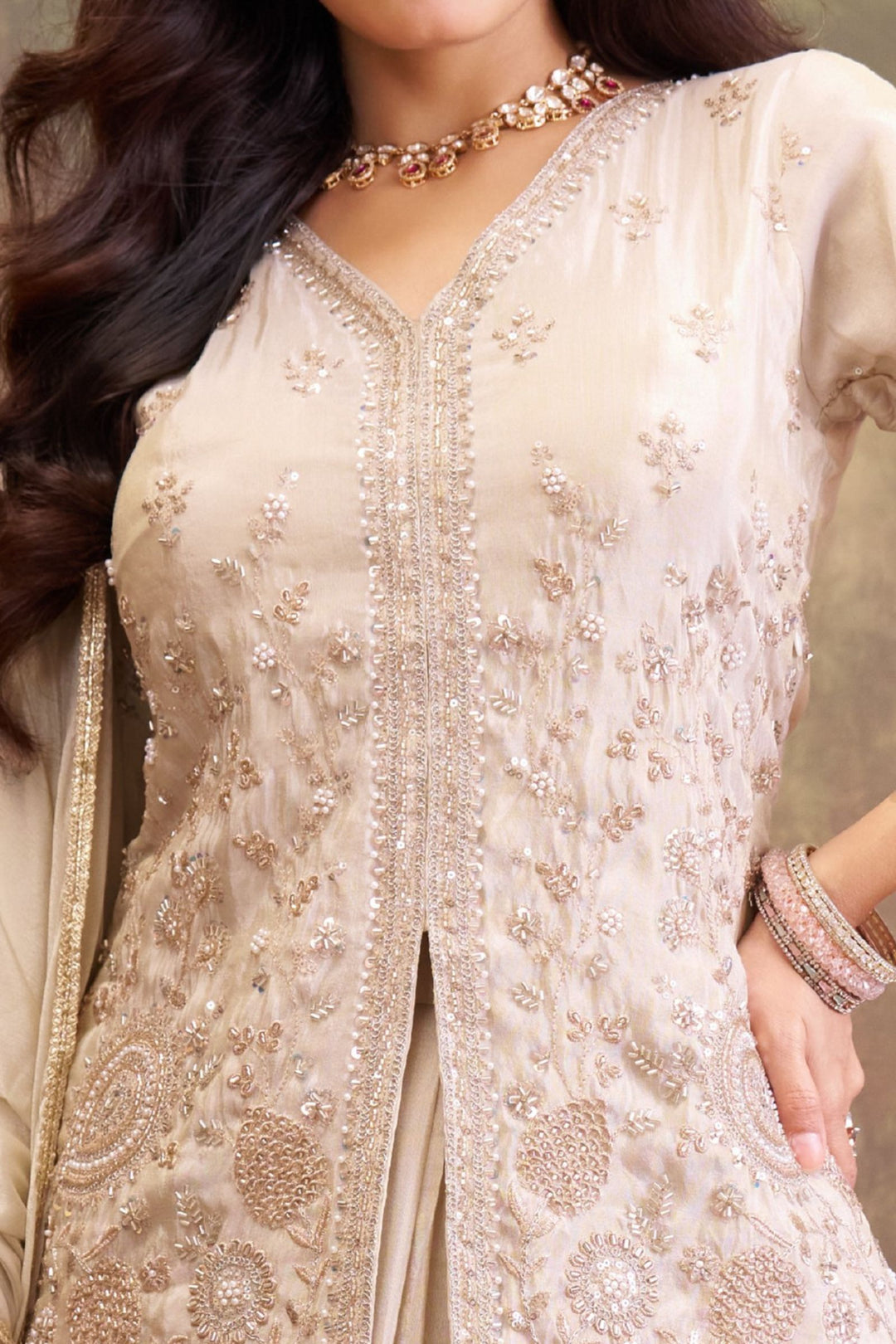 Cream Beads, Pearl and Sequins work Peplum Style Lehenga